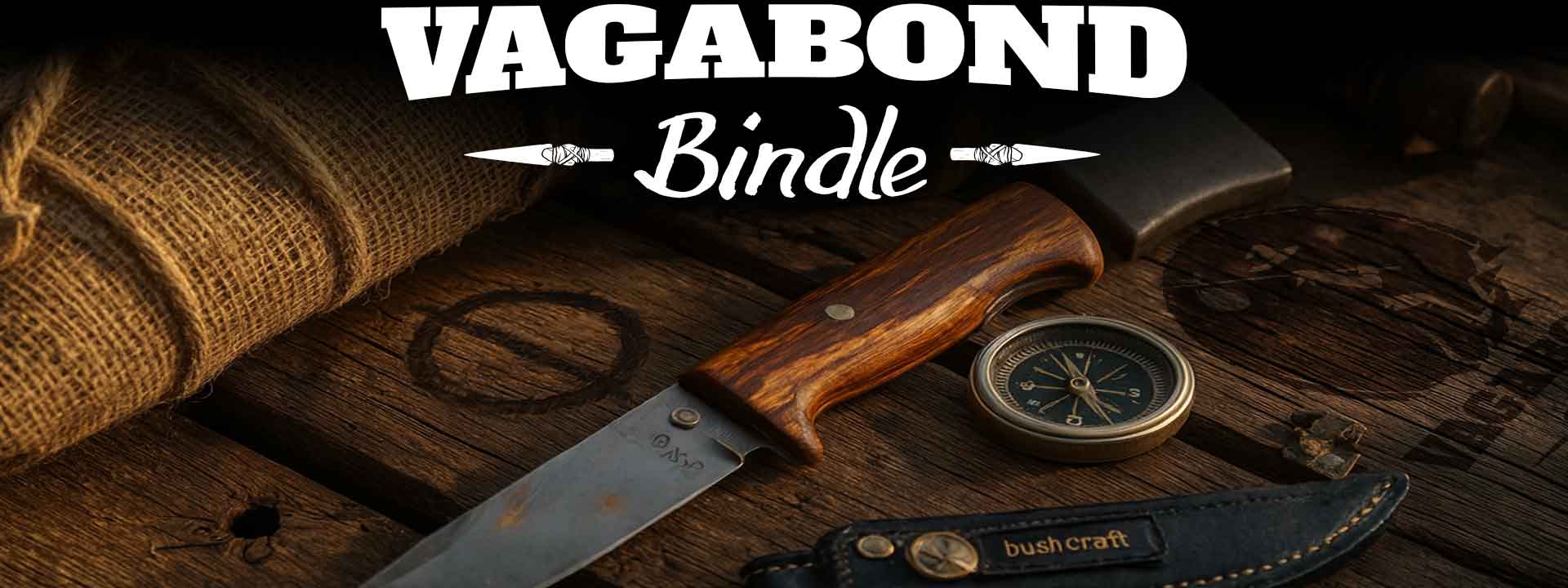 Vagabond Bindle words with outdoor gear on a wooden surface