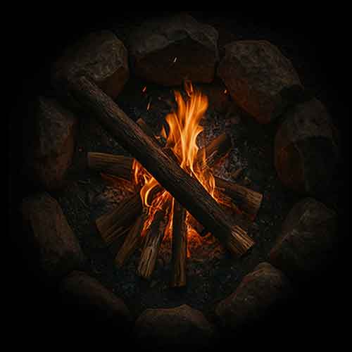 Fire pit with burning wood surrounded by stones in the dark