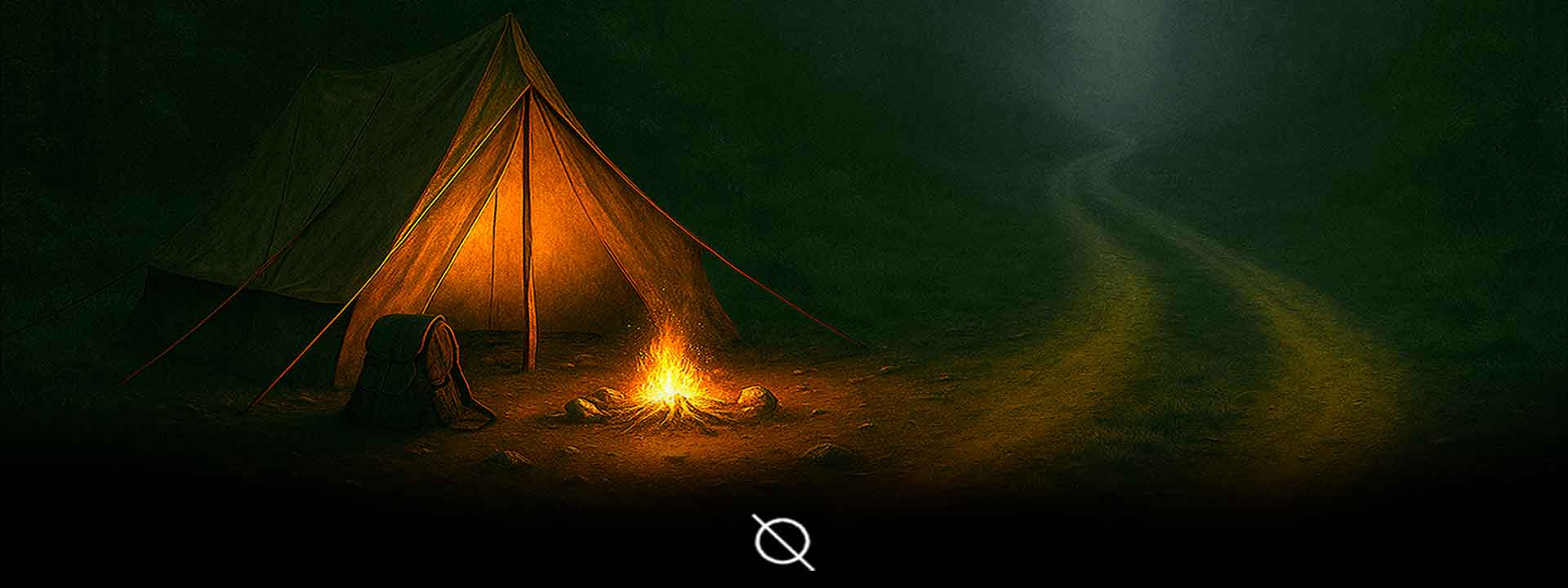 Tent with a fire inside on a dark, misty night